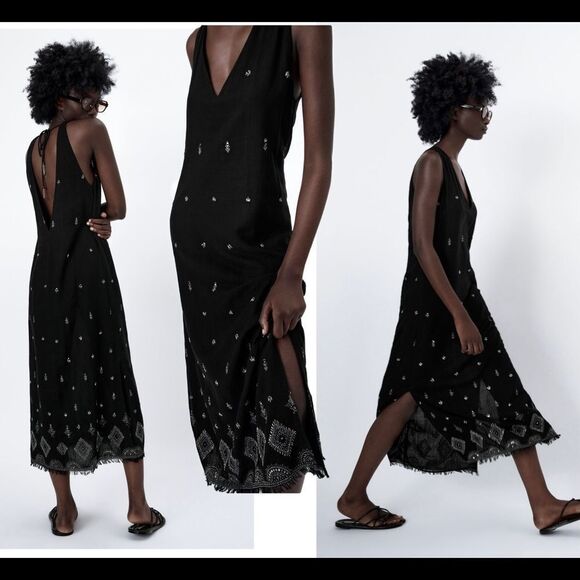 ZARA black embroidered beaded midi dress limited edition Sz S NWT - Picture 2 of 10